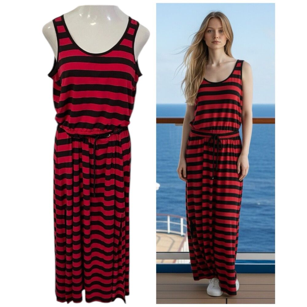 Fever Dress Womens Medium Pink Black Stripe Maxi Knit Belted Sleeveless Resort